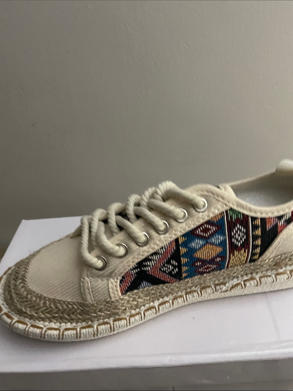 Neutral Canvas Espadrille Sneaker with Multicolor Woven Panel